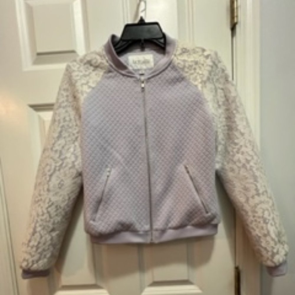 Lucy Paris Quilted Bomber Jacket with Lace Sleeves Lavender XS